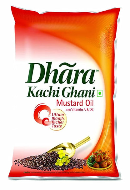 Dhara Kachi Ghani Mustard Oil (0% Trans Fat), 1 L Pouch
