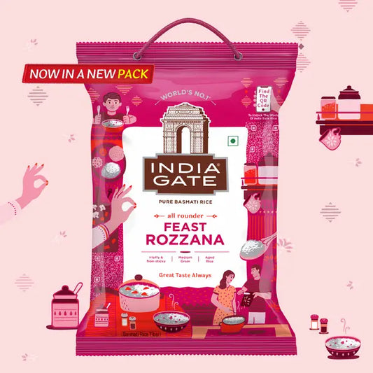 INDIA GATE All Rounder Feast Rozzana | Aged Rice | Fluffy & Non-Sticky Basmati Rice (Basmati Chawal) (Medium Grain, Polished)  (5 kg)