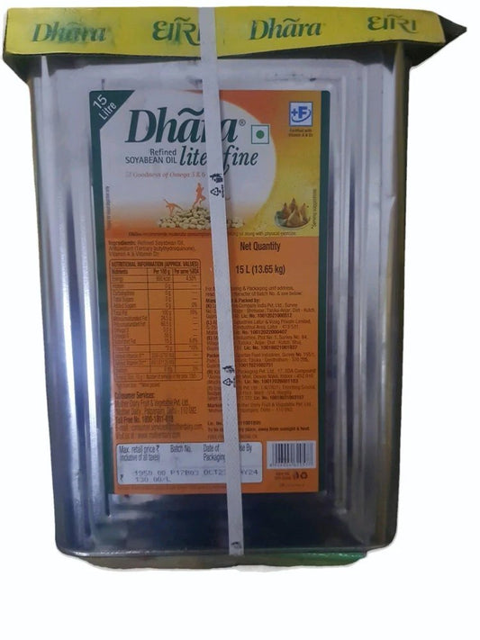 Dhara Lite ‘N’ Fine Refined Soyabean Oil (15L Tin)